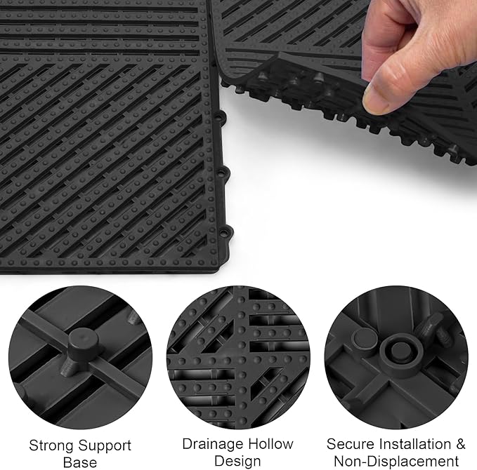 MYFAMIREA Modular Interlocking Cushion 12 Pack 11.8" x 11.8" Rubber Floor Tiles Non-Slip Splicing Drainage Mats for Deck, Pool, Shower, Patio, Balcony, Bathroom, Kitchen, Yard (1 Rows Dots, Black) - Image 4