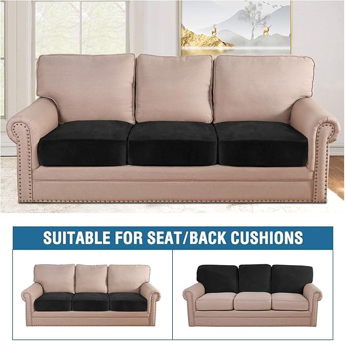 H.VERSAILTEX Velvet Stretch Couch Cushion Cover Plush Cushion Slipcover for Chair Loveseat Sofa Cushion Furniture Protector Seat Cushion Sofa Cover (3 Piece Sofa Cushion Covers, Black) - Image 3