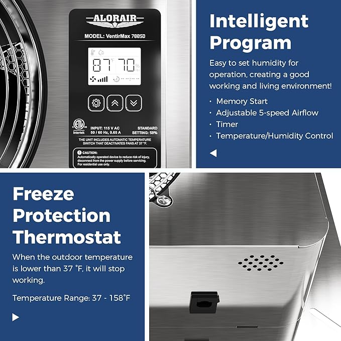 ALORAIR 780 CFM Crawl Space Ventilator Fan with Digital control, IP55 Rated Stainless Steel Exhaust Fan with Temperature Humidity Controller, Timing Cycle, Speed Control for Basement, Garage, Attic - Image 3