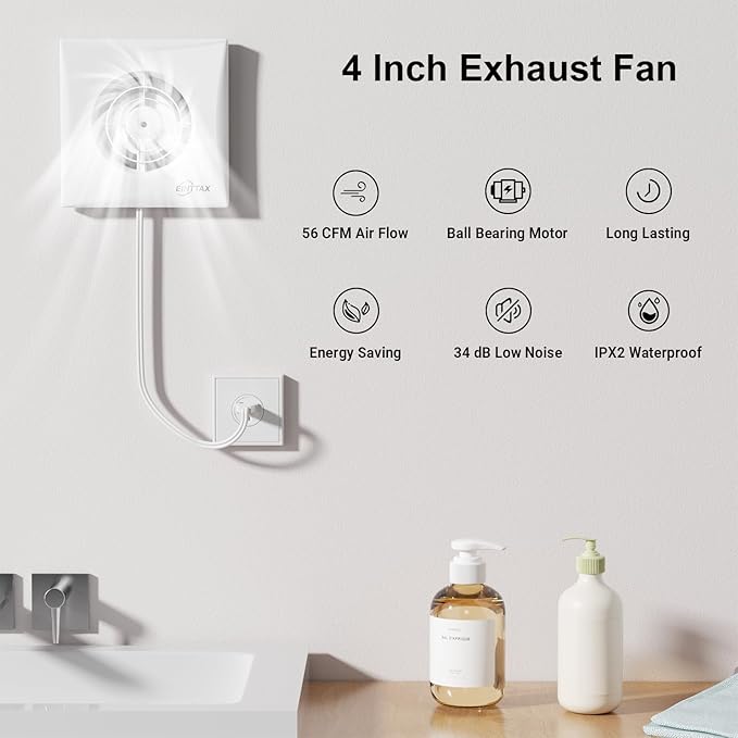 4 Inch Wall Mount Bathroom Exhaust Fan, Plug in Wall Exhaust Fan, 56 CFM Quiet Bathroom Window Fan with Backdraft Damper for Kitchen, Toilet, Workshop, 12W, 34 dB, White - Image 3
