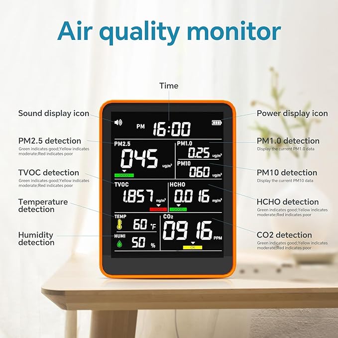 Air Quality Monitor Indoor,13-in-1 Smart Air Quality Tester with PM 2.5, CO2, TVOC, HCHO, PM1, AQI, PM10, Temperature & Humidity, Real Time Display, Battery Powered, for Home & Office (Persimmon) - Image 2