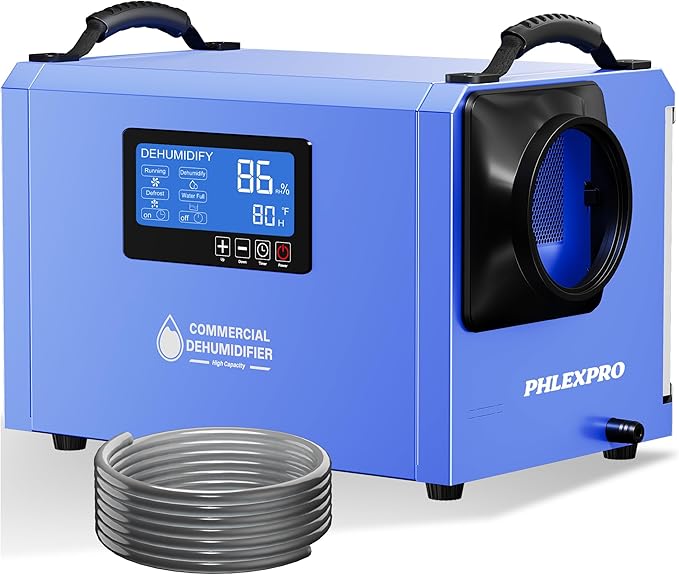 145 Pint Commercial Dehumidifier with Drain Hose for Crawl Spaces, Basements, Industry Water Damage Unit Restoration for up to 6000 Sq.Ft, Auto Defrost, Memory Starting, Blue(Gift Directional Wheels) by PhlexProGardenToolsStandsForFlexibilityDurabilityAvailability
