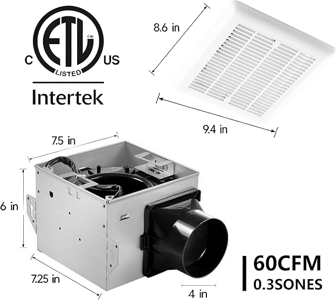 Tech Drive Bathroom Exhaust Fan with Light - 60 CFM, 0.3 Sone, 1000lm Dimmable 3CCT Selectable LED Light, Easy to Install Super Quiet Ventilation Fan, 4-Inch Duct, Light Grille Combo, White - Image 2
