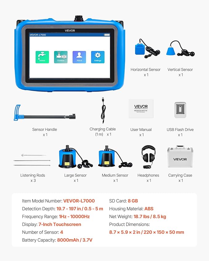 VEVOR Pipe Water Leak Detector with 4 Sensors, 1Hz-10000Hz, 7" Touchscreen Underground Plumbing Leakage Detection Locator with 3 Listening Rods, Headphones, 8GB Card & Carry Case for Indoors Outdoors - Image 7