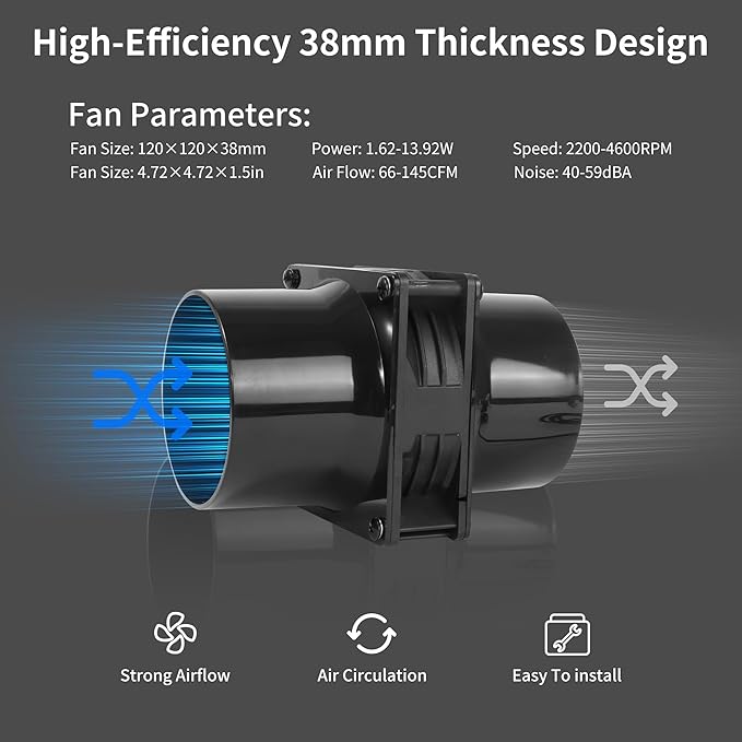 120mm 12V Exhaust Duct Fan Kit with Dual 4" Flange Adapters Stepless Speed Controller High-CFM for 3D Printer Laser Engraver Soldering Fume Extractor Grow Tent and DIY Ventilation Projects - Image 4