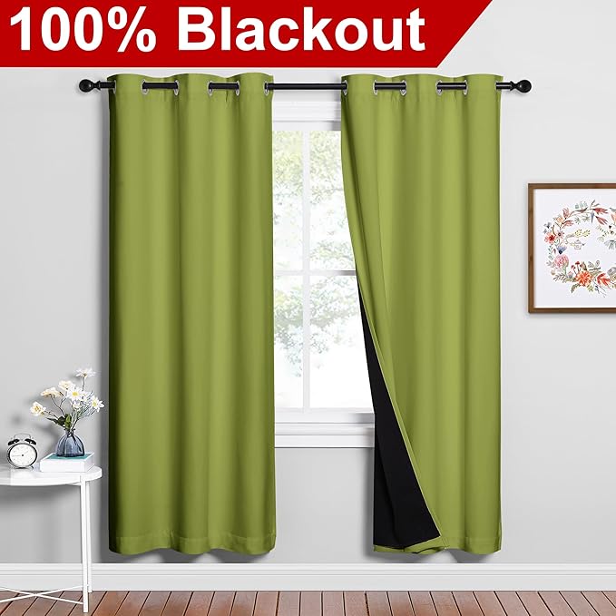NICETOWN Full Shade Curtain Panels, 37" Wide x 70" Long, Fresh Green, Pair of Thermal Insulated & Energy Efficiency Blackout Drapes for Living Room, Lined Silky Performance Window Dressing - Image 2