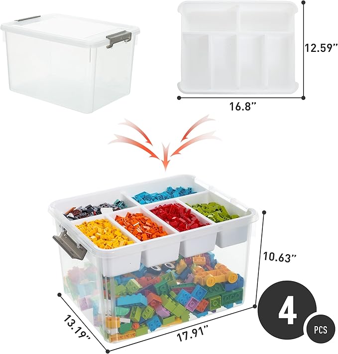Citylife 32 QT Plastic Storage Bins with Removable Tray Large Stackable Storage Containers for Organizing Craft Storage and Storage Craft, Clothes, Files, Office Supplies, 4 Packs - Image 2