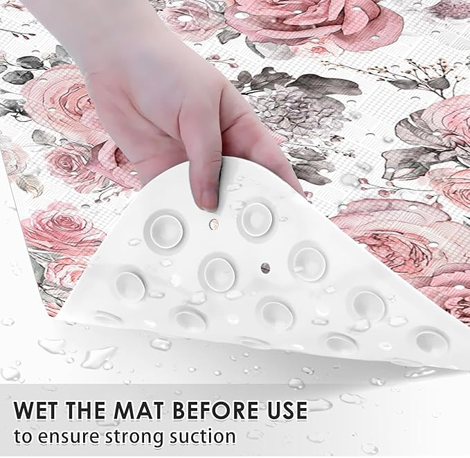 Pink Flower Leaves Bath Mat Non Slip, Floral Rose Spring 40 X 16 Inch Extra Long Bathtub Shower Mat for Tub Anti Slip with Suction Cups and Drain Holes for Kids Adults Elderly - Image 3