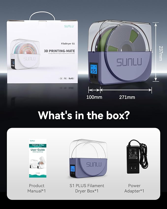 SUNLU Official Filament Dryer S1 Plus, Built-in Circulation Fan, Filament Dryer Box Storage Box for 3D Printer Filament 1.75 2.85 3.00, S1 Plus Blue Grey - Image 9