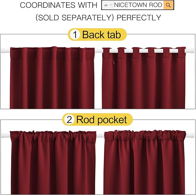NICETOWN Blackout Curtain Panels for Living Room - (Burgundy Red Color) 34x63 Inch, 2 Panels Set, Thermal Insulated Room Darkening Blackout Drapes/Draperies with Rod Pocket & Back Tab for Window - Image 3