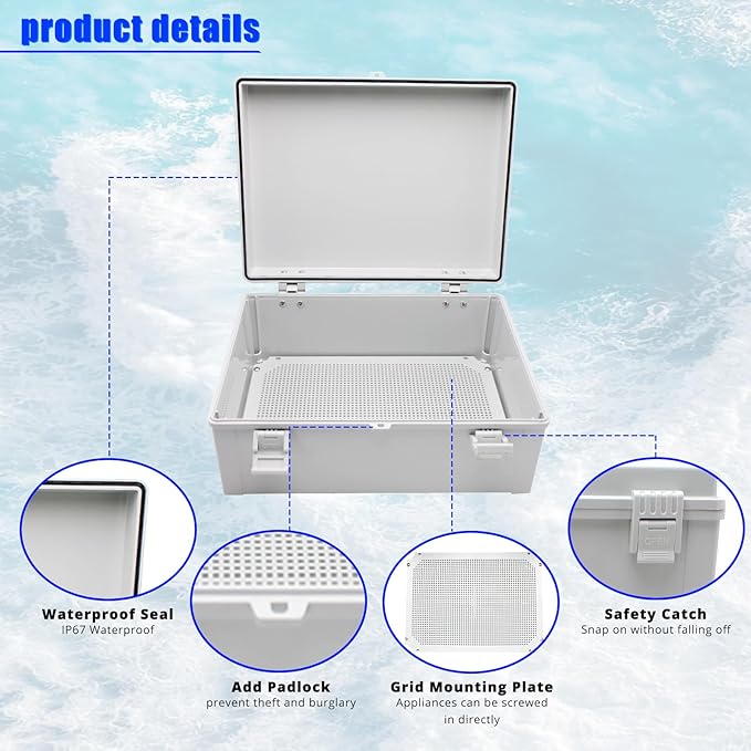 MAKERELE Outdoor electrical Box Weatherproof Includes Internal Mounting Panel 15.7"*11.8"*6.7" (400 * 300 * 170mm) Large Project Box For Electronics Hinged Cover Plastic Clip With 2 NPT 3/4” Glands - Image 4