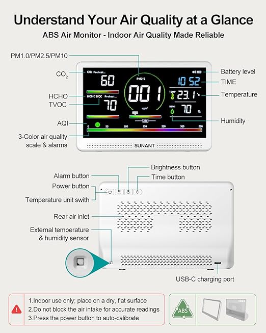 16 in 1 Indoor Air Quality Monitor, 7" LED Display 9 AQI+7 AQI Auto Alerts Air Quality Meter for CO2 Monitor/HCHO/TVOC/Temperature/Humidity, Battery Powered, Air Detector Air Quality Tester for Home - Image 7