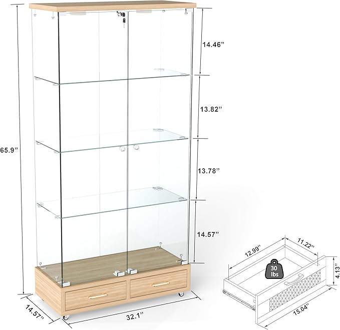 Yoluckea 4-Tier Glass Display Cabinet with LED Lighting and 2 Drawers, 2-Door Floor Standing Curio Cabinet with Wheel for Home, Office, Corner Display,Natural Glass Bookshelf for Collections and Decor - Image 2