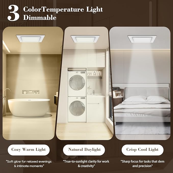12" Ultra Quiet Bathroom Exhaust Fan with Dimmable LED Light, 1.0 Sone 120 CFM, 10x10 Mount, 1500 LM Ceiling Ventilation Fan, Energy Efficient - Image 8