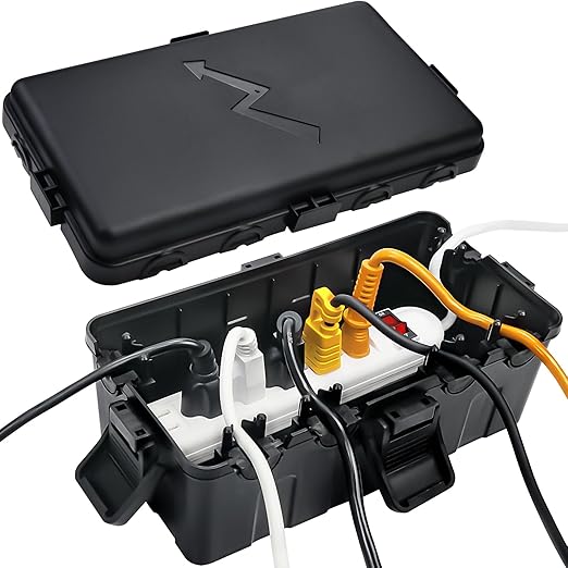Hrensaw Medium Outdoor Electrical Box(10.6x5.5x4.5inch),IP54 Waterproof Extension Cord Cover w/6 Cable Entry,Weatherproof Connection Box Protect Power Strip,Timer,Plug,Holiday Lights,Black by Hrensaw