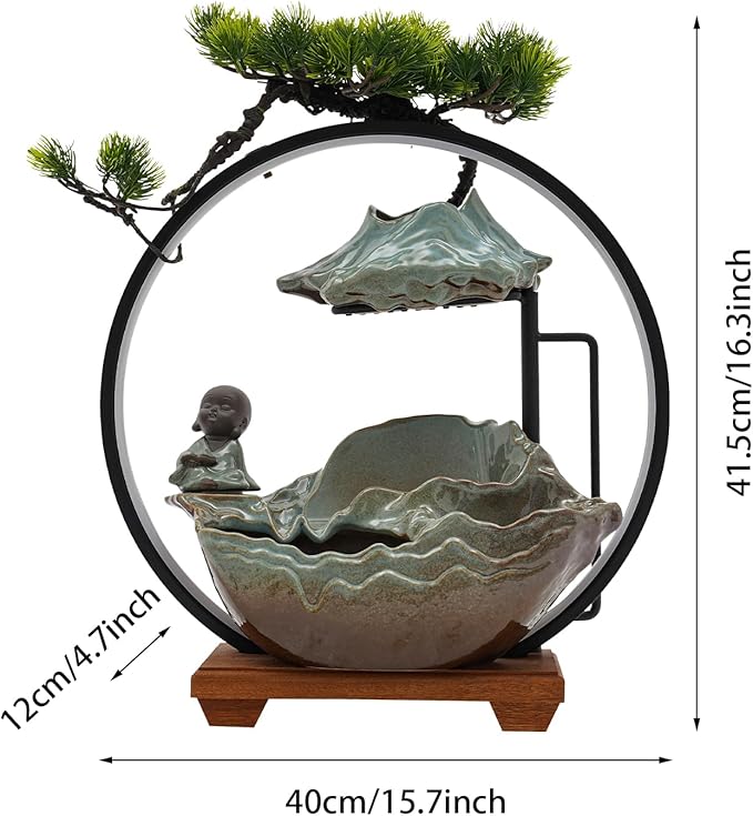 Water Fountains Indoor Tabletop Waterfall Humidifier W/LED Light & Atomizer Mist &Cute Monk Statue, Zen Decor Meditation Japanese Decor Fake Plants Feng Shui Decor Festival Birthday Gift - Image 5