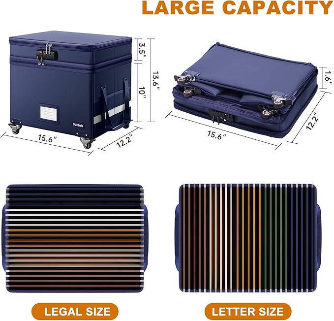 DocSafe File Box with Lock, 2-Layer Fireproof Document Box with Wheels,Collapsible File Storage Organizer with Pockets,Large Portable Office Filing Cabinet Hanging Folders,Blue,16''x13.8''x12.2'' - Image 6