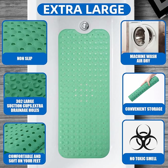 ZHICHENG Bath Tub and Shower Mats, Non-Slip 39 x 16 Inch Extra Long Bath Mat, Machine Washable Bathtub Mat with Drain Holes, Suction Cups for Bathroom (Green) - Image 3