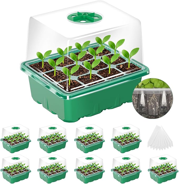 MIXC Seed Starter Tray with Elevated Lid, 120 Cells Seed Starter Kit with Adjustable Humidity Dome, Drainage Hole, Clear Heightened Lids for Indoor Outdoor Greenhouse Gardens, 10 Pack, Green by MIXC