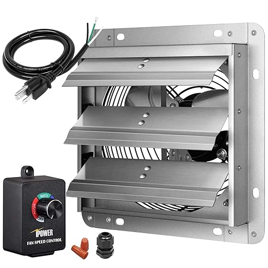 Simple Deluxe 14 Inch Wall Mounted Shutter Aluminum Exhaust Fan with Speed Controller and Power Cord Kit, 1600 RPM, 1000 CFM, for Attic, Garage, Louvered Vent, Plant, Greenhouse, Silver by SimpleDeluxe
