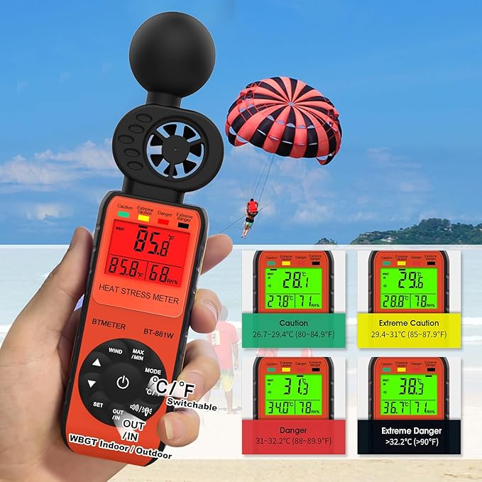BTMETER Heat Stress Meter Anemometer - Digital Indoor/Outdoor WBGT (Wet Bulb Globe Temperature) Meter with Wind Speed, Ambient Temp, Humidity Tester BT-881W 2pcs - Image 4