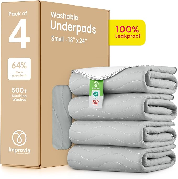 IMPROVIA® Washable Underpads, Heavy Absorbency Reusable Incontinence Pads for Kids, Adults, Elderly, and Pets - Waterproof Protection Floor Grey & White (4 Pack - 18x24) by IMPROVIA