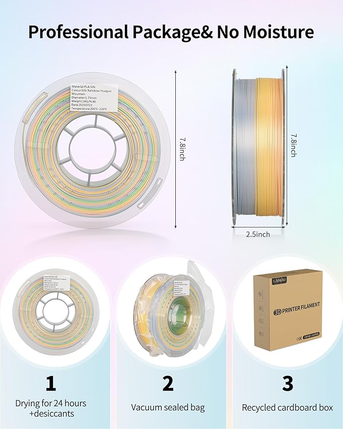 LANDU Silk PLA 3D Printer Filament Multicolor Rainbow PLA Filament 1.75mm Gradient Color Changing Filament 1kg (2.2lbs) Dimensional Accuracy +/- 0.02 mm Silk Rainbow Filament - Image 6