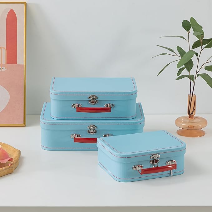 SLPR Paperboard Suitcases Set of 3, Light Blue - Vintage Cardboard Suitcase Decor, Nesting Luggage Decorative Mache Boxes with Hinged Lids and Brass Handles, Mini Suitcases for Centerpieces - Image 7