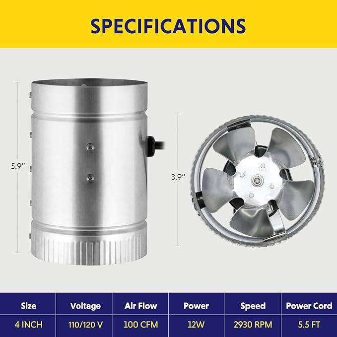 iPower 4 Inch Inline Duct Fan 100 CFM Booster Exhaust Fan with Low Noise for HVAC Ventilation in Attic, Bathroom, Basemen and Kitchen, 5.5' Grounded Power Cord Included, Silver - Image 5