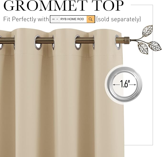 RYB HOME Privacy Curtain for Sliding Glass Door, Light Block Noise Reduce Insulated Curtain Screen for Living Room Locker Room Basement Bedroom Closet, 100 inch Wide x 108 inch Long, Cream Beige - Image 2