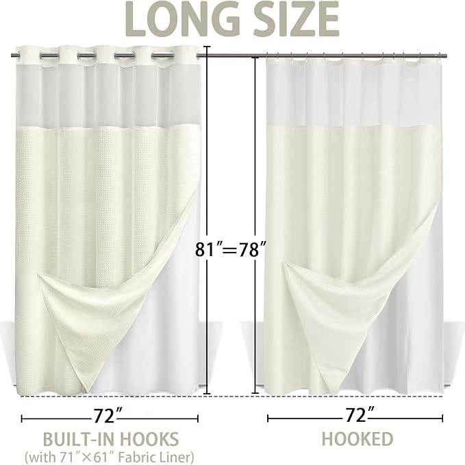 No Hook Shower Curtain and Liner Set,Cream Hotel Waffle Shower Curtain with Liner 81" L x 72" W - Image 6