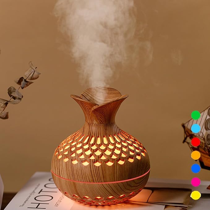 Colorful Cool Mini Humidifier, Flower Shape USB Personal Desktop Humidifier for Car, Office Room, Bedroom,etc. 2 Mist Modes, 7 colors,Super Quiet (Lightwood) by Vromoon