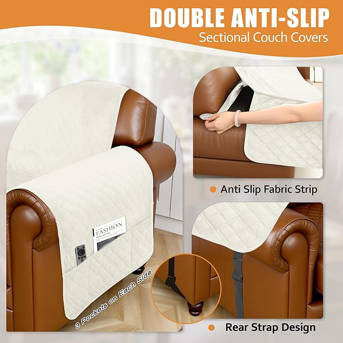 Arfntevss Waterproof Sectional Couch Covers L Shape Washable Velvet Sofa Cover for Sectional Non Slip Large Corner Slipcovers Dog 6 Pcs Universal U Shaped Furniture Protector (Ivory, XX-Large) - Image 4