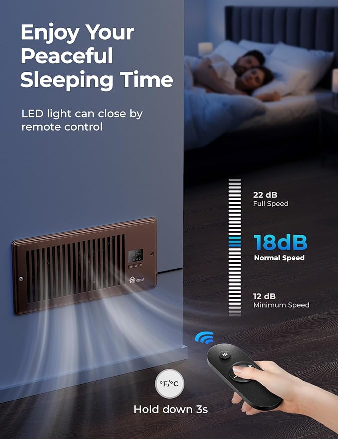 Register Booster Fan, Fits 4” x 10” with Remote Control, Smart Vent Fan Booster with Adjustable 10-Speed Control, Quiet Heating Cooling with Thermostat Control - Image 6