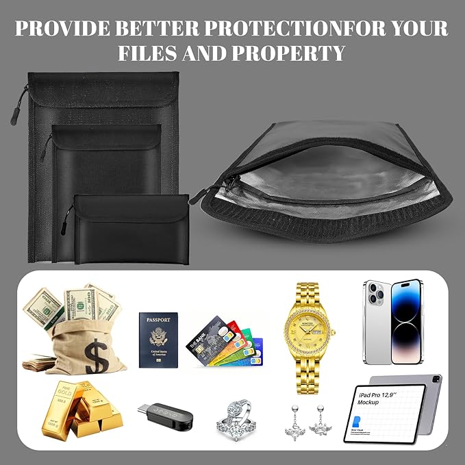 Fireproof Waterproof Document Bag 3-Pack Black 2000℉ Money Bag for Cash Passports ID Cards Social Security Card Protector Waterproof Zipper Pouch Fire Proof Bank Bag Document Holder - Image 6