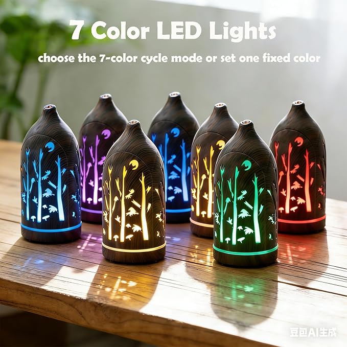 Essential Oil Diffuser,7.1''x3.5'' Air Diffusers with 3 Aromatherapy Oils Set,Small 200ml Humidifier with 7 LED Colors Lights,Waterless Auto-Off for Desk Office Home Decor Gift(Tree Dark Wood Grain) - Image 2
