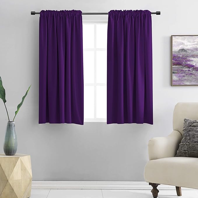 DONREN 48 Inch Length Short Curtains for Kitchen - Small Window Treatment Rod Pocket Blackout Curtain Drapes (1 Pair,Royal Purple,52 Inches Wide by 48 Inches Long) by DONREN