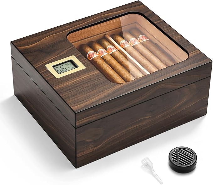 Cigar Humidor, Modern Glass Top Cedar Humidor Cigar Box with Digital Hygrometer, Humidifier, Handcrafted Cedar Wood Tray and Divider, Cigar Case Holds 25-50 Cigars, Cigar Accessories for Men by OTAKOKIT