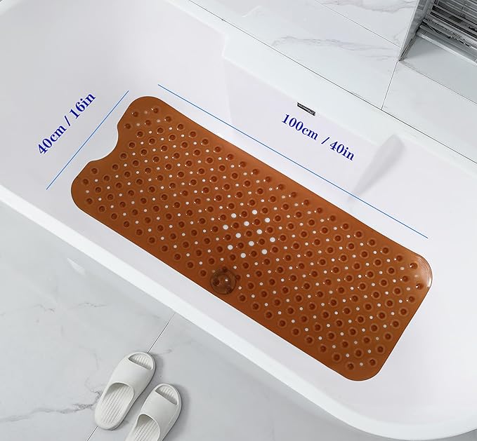 Anti-Slip Bathtub Shower mat, 39.3×15.7 inch（Approximately 100 × 40cm） Soft Oversized Machine Washable Non-Slip Bathtub mat with Drainage Holes, Bathroom Floor Suction Cup.（1-Clear Brown） - Image 2