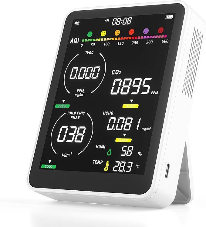 16 in 1 Air Quality Monitor Indoor 9 +7 AQI Alerts, CO2 Monitor Air Quality Tester for CO2, TVOC, PM2.5 PM1.0 PM10, HCHO Temperature Humidity AQI & Time Air Quality Meter for Home (Floral White) by Unknown