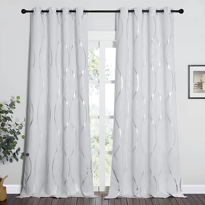 NICETOWN Extra Long Blackout Curtains for Large Window, Greyish White, 2 Panels, 52-inch by 102-inch, Foil Printed Wave Lines Energy Saving Thermal Insulated Draperies for Dining Room Guest Room - Image 2