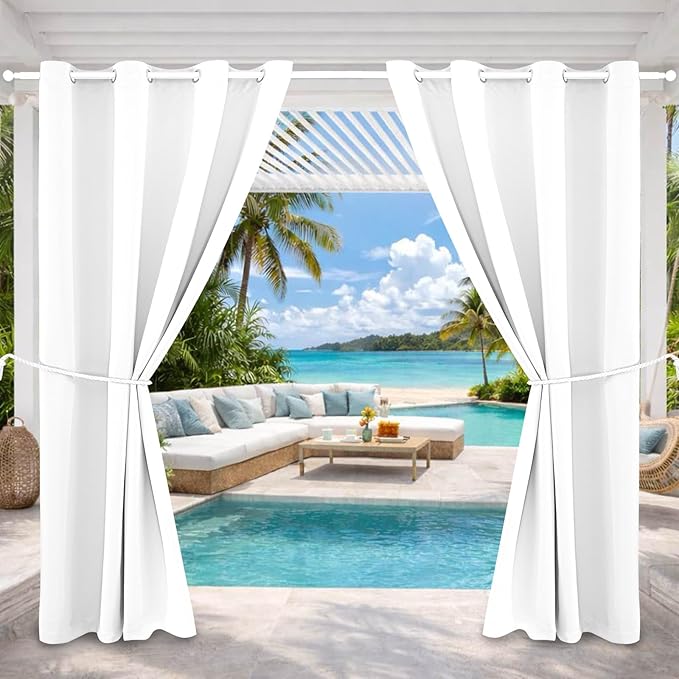 Waterproof Outdoor Curtain W52 x L84 - Grommet Top Sunlight Blocking Window Treatment Drapes Blackout Curtains for Home Bedroom Living Room Outdoor Patio Porch Pergola Cabana Gazebo (Pure White) by DivaenCamino