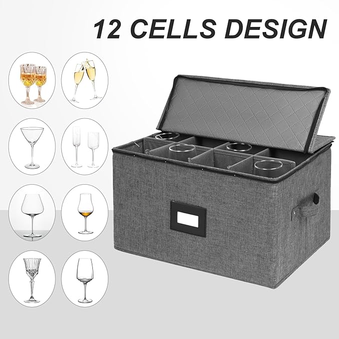 Mayniu Wine Glass Storage Box 2 Pack, Stemware Storage Containers Cases, Glassware Storage for 24 Crystal Glasses, Hard Shell Top Sides Bottom and Stackable (17'' x 13'' x 10'', Black) - Image 5
