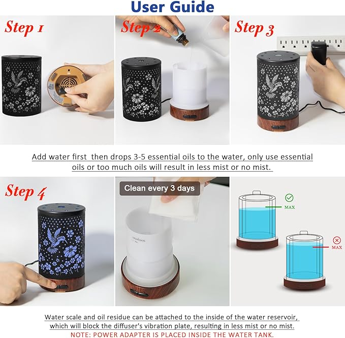 Essential Oil Diffuser Aromatherapy Diffuser - Metal Aroma Diffuser for Home 150ml Ultrasonic Cool Mist Diffuser with 7 Colors Light Auto Shut-Off Protection for Home Office Decor & Gift(Hummingbird) - Image 7