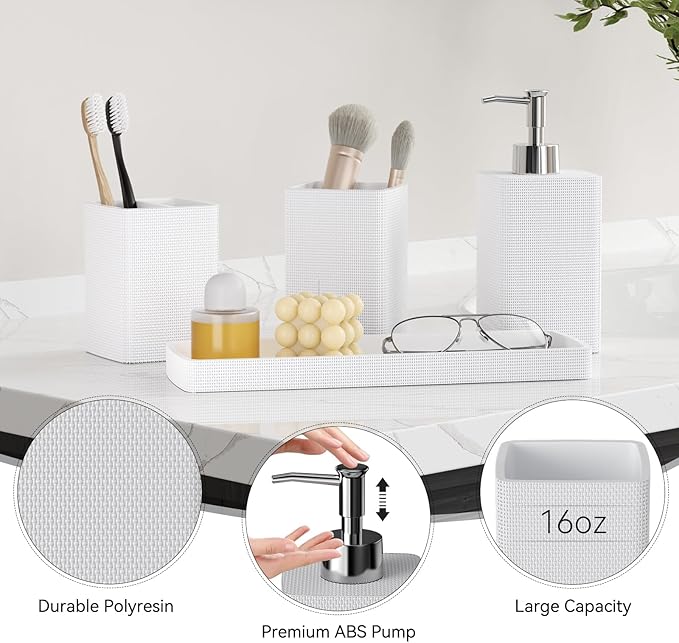 White Bathroom Set, White Bathroom Accessories Set with Shower Curtain and Rugs, Bath Towel Set, Natural Loofah Sponge, Soap Dispenser, Toothbrush Holder, Bathroom Tumbler and Tray for Bathroom - Image 3