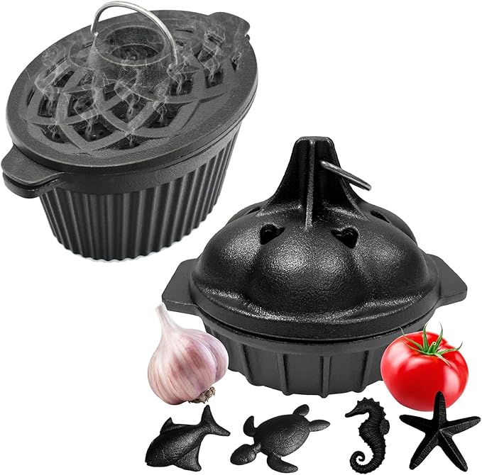 Cast Iron Wood Stove Cooking Bundle, 1.4Qt Steamer/Humidifier + Garlic Roaster with 4 Iron Fish - Dual-Layer Simmer Pot & Smoker Box Set for Vegetables, Meats, and Eco Heating Solutions by Unknown