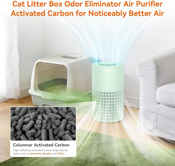 AIRROMI Air Purifier for Bedroom with HEPA 3-in-1 Filter, Pet Air Purifier for Home Cat Pee Smell, Covers Upto 990 Ft², Quiet 360°intake Air Cleaner for pet hair,allergies,Dust,Smoke A2001 Green - Image 4