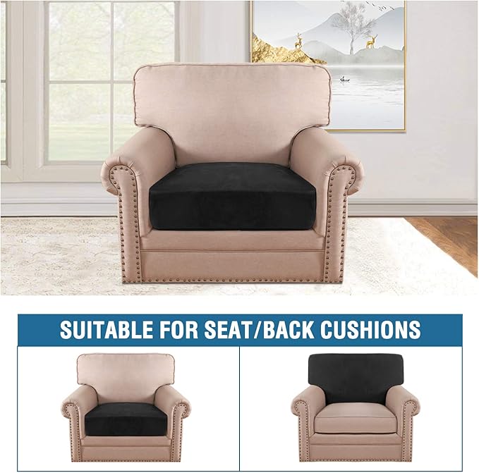 H.VERSAILTEX Velvet Stretch Couch Cushion Cover Plush Cushion Slipcover for Chair Cushion Furniture Protector Seat Cushion Sofa Cover (1 Piece Armchair Cushion Covers, Black) - Image 3