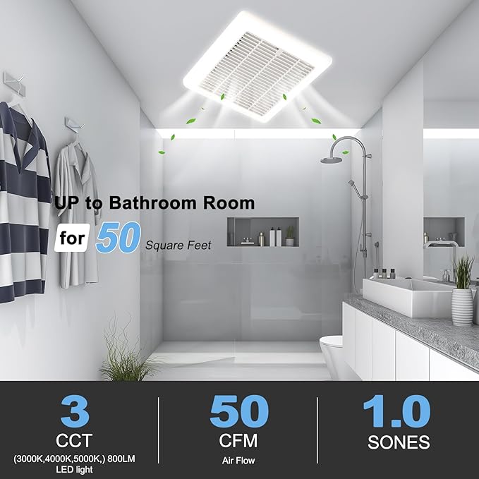 Tech Drive Bathroom Exhaust Fan with Light, 50 CFM,Super Quiet 1.0Sone Bathroom Fan with Light, 800lm 3CCT LED,3000K/4000K/5000K Selectable,Energy Star Certified, 3inch Duct, White - Image 2