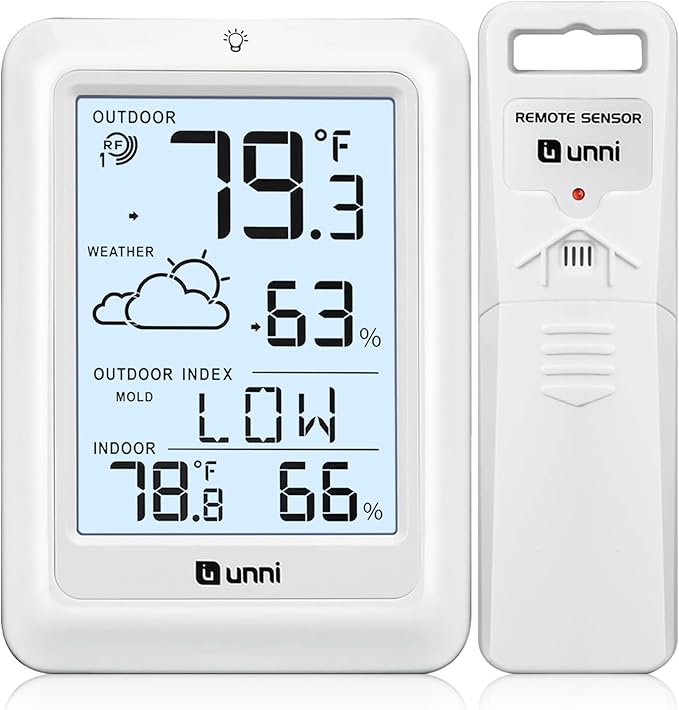 Indoor Outdoor Thermometer Wireless Weather Station, Temperature Humidity Monitor Battery Powered Inside Outside Thermometers with 330ft Range Remote Sensor and Backlight Display（WH01） by UUNNI